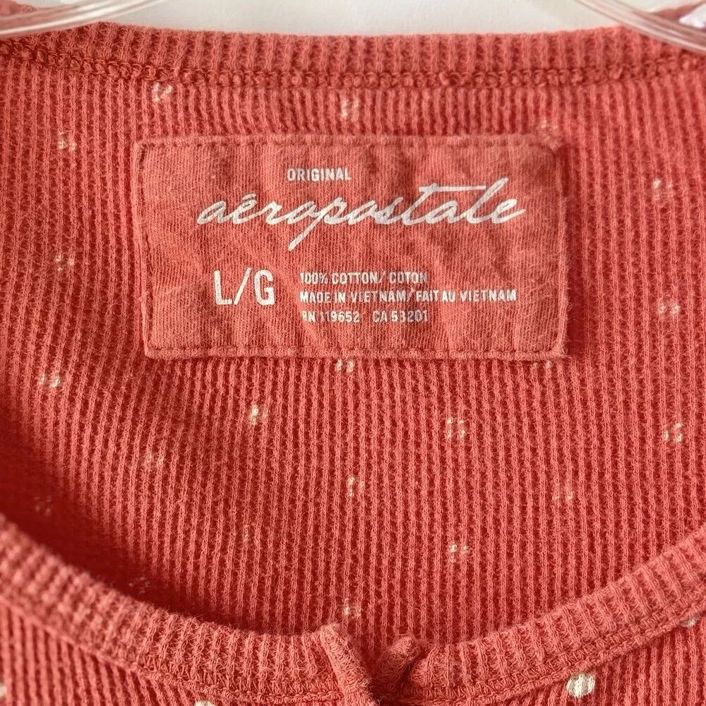 Aeropostale Girls L Orange Polka Dot Henley Waffle Weave Crew Shirt Embroidered